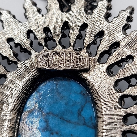 ESilver Medallion Necklace Crown Long Faux Turquoise - Picture 4 of 5